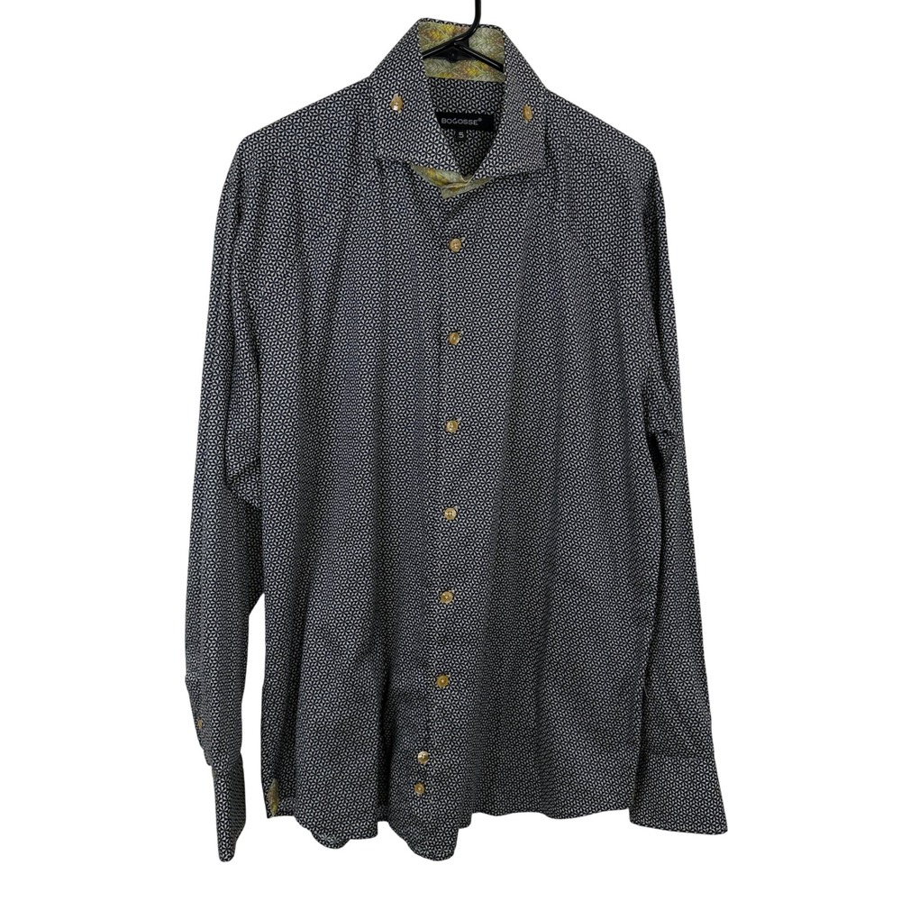 Bogosse Shirt Mens Size 5 Navy Black Pinwheel Print Long Sleeve Button Down